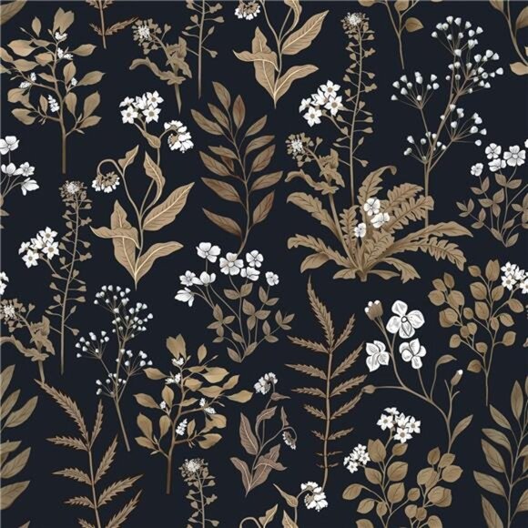 Black Floral Peel and Stick Wallpaper, Vintage Leaf Flower Contact - Picture 1 of 7